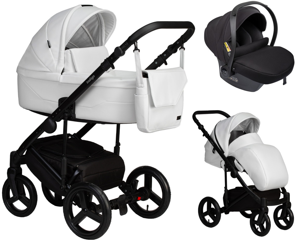 Детская коляска Indigo Lamar 3 в 1 с автокреслом Avionaut Cosmo Black La01 белая кожа