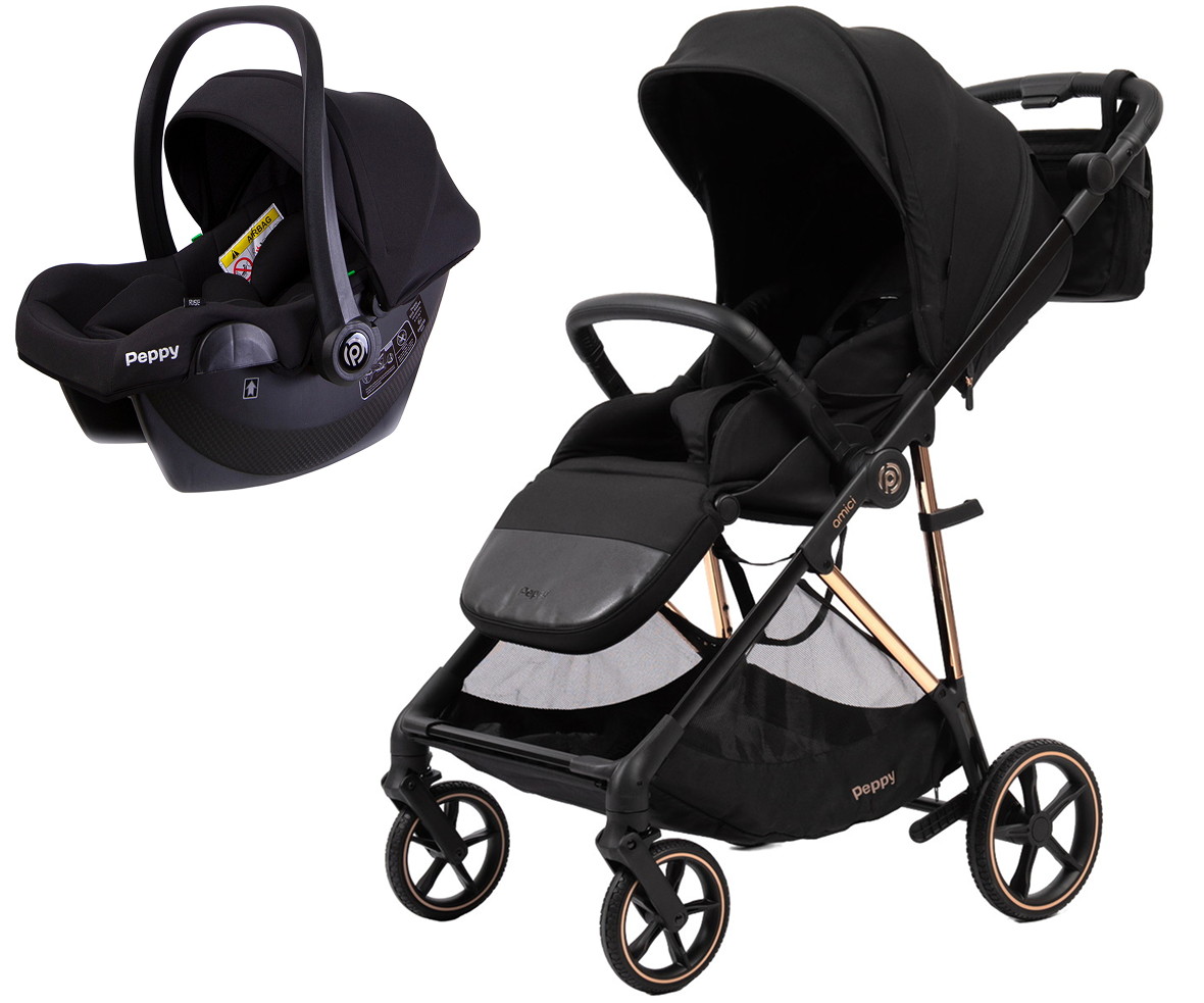 Прогулочная коляска Peppy Amici с автокреслом Rise Black Black рама Gold