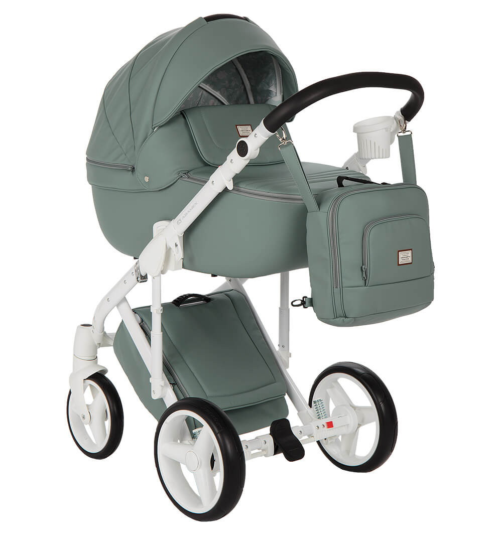 Детская коляска Adamex Luciano Deluxe 3 в 1 Q114 (СЕРО-ЗЕЛЕНЫЙ КОЖА 100%)