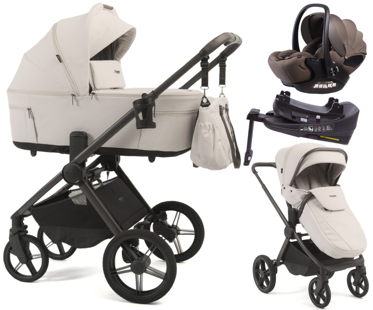 Детская коляска Peppy Soho 4 в 1 с автокреслом Verona Brown и базой Taupe (бежевый), рама серо-бежевый