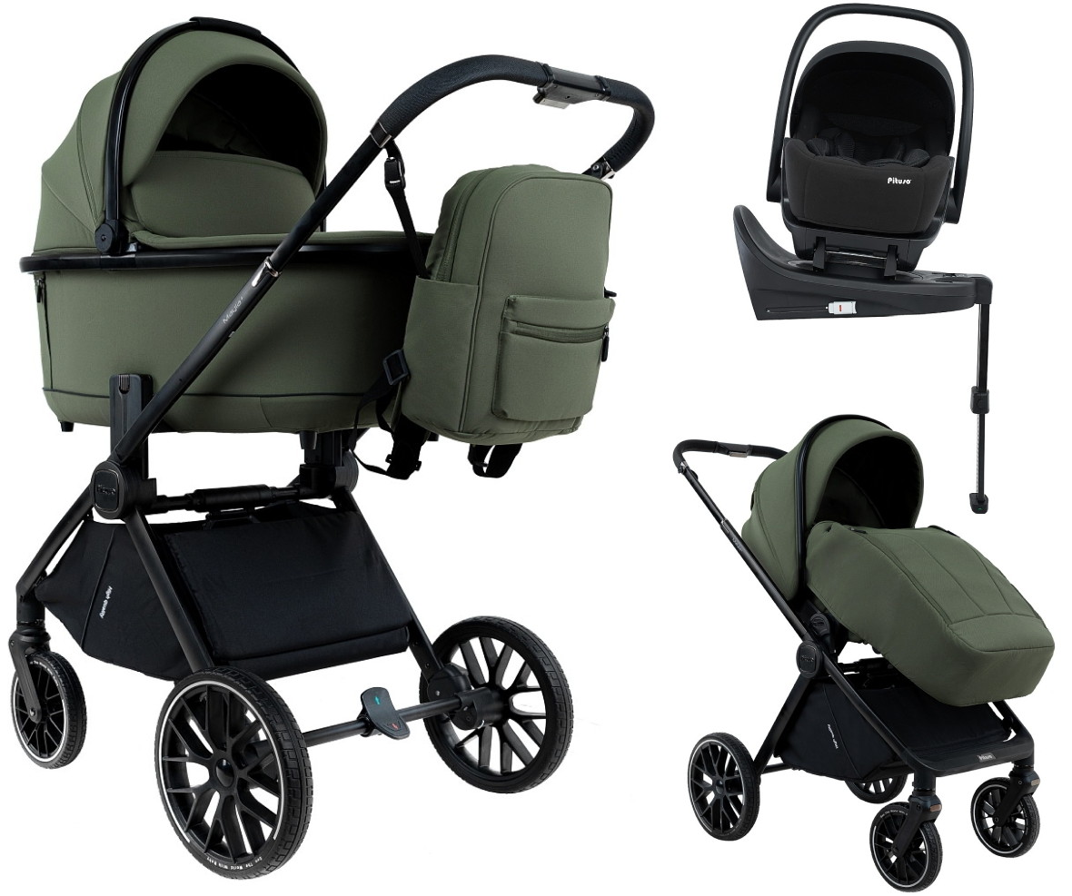 Детская коляска Pituso Mayla Plus 4 в 1 с автокреслом Baesa Black и базой Deep Green/Black