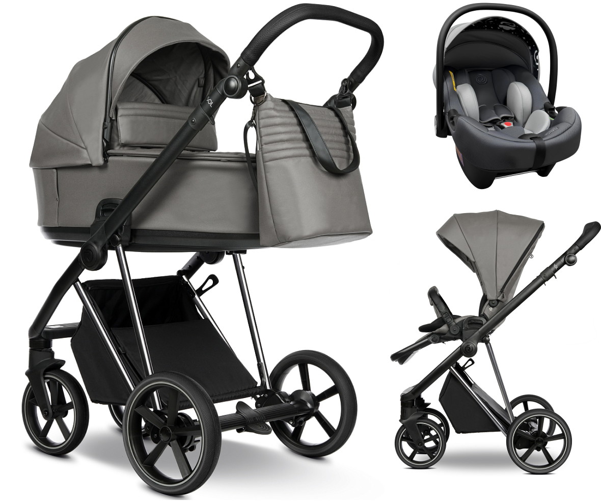 Детская коляска Roan Sol Vintage Luxury Leather 3 в 1 с автокреслом Tutis Elo Lux EduSky Grey VEGA88DB Glacier Gray/Nickel/руч.Black