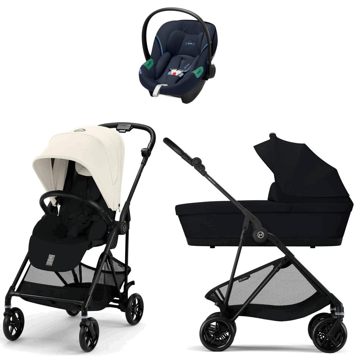 Коляска Cybex Melio Carbon Aton S2 i-Size Ocean Blue 3 в 1 Canvas White/Magic Black с дождевиками