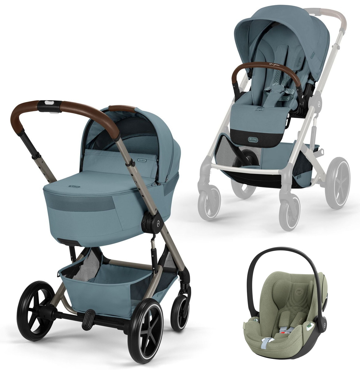Коляска Cybex Balios S Lux Fold Cot TPE Cloud T Sage Green Plus 3 в 1 Stormy Blue с дождевиками