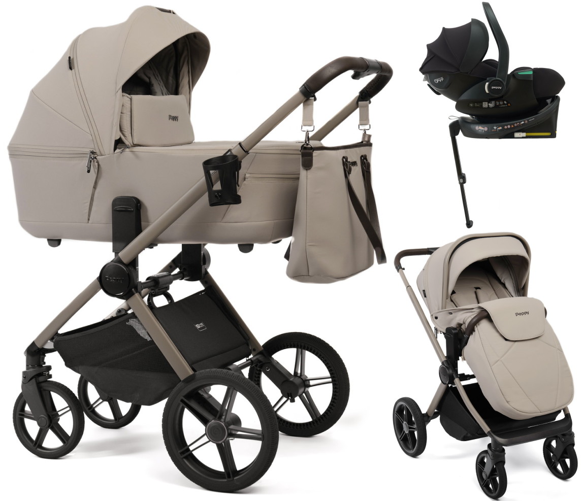 Детская коляска Peppy Monaco Thermo 4 в 1 с автокреслом Jet Black и базой Latte (бежевый), рама бежевая