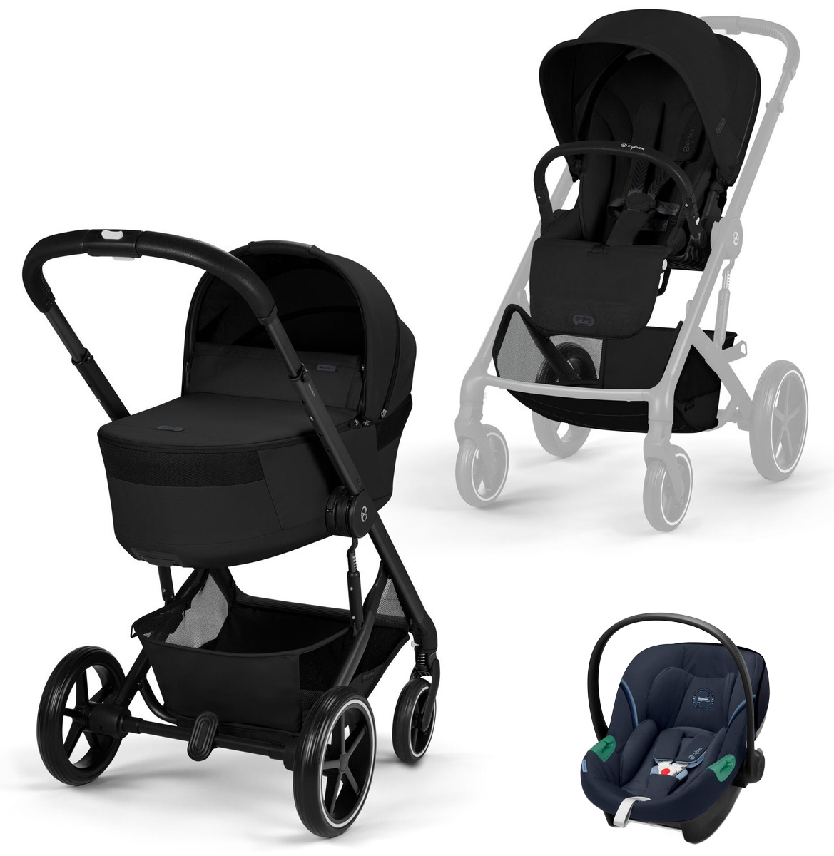 Коляска Cybex Balios S Lux Fold Cot BLK Aton S2 Ocean Blue 3 в 1 Moon Black с дождевиками