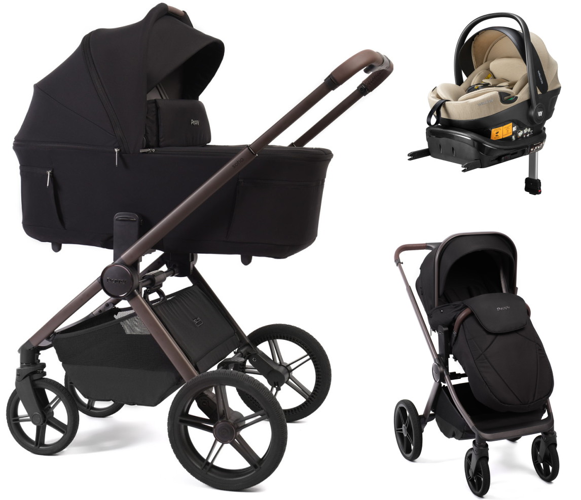 Детская коляска Peppy Soho 4 в 1 с автокреслом Welldon Crown 2 Beige и базой Black (черный) рама шоколад