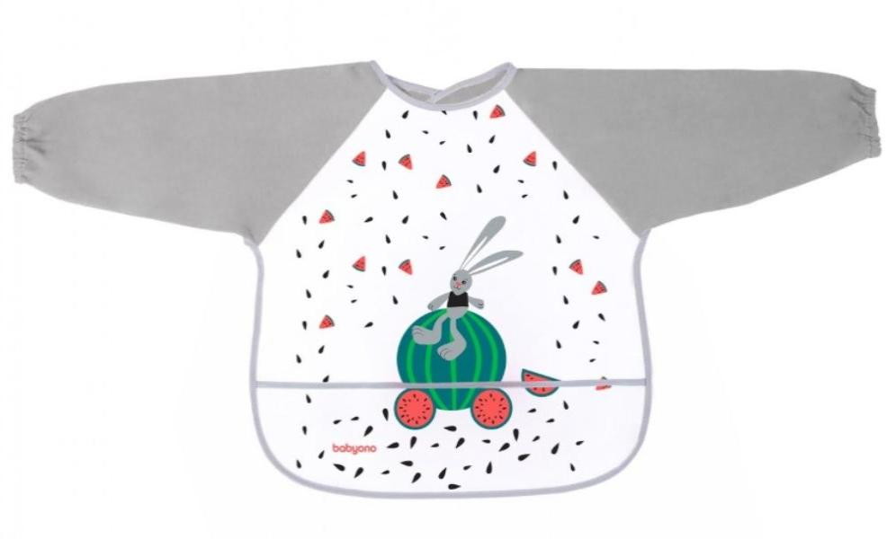 Нагрудник с рукавами BabyOno Adventurer 837 серый/арбуз с зайчиком
