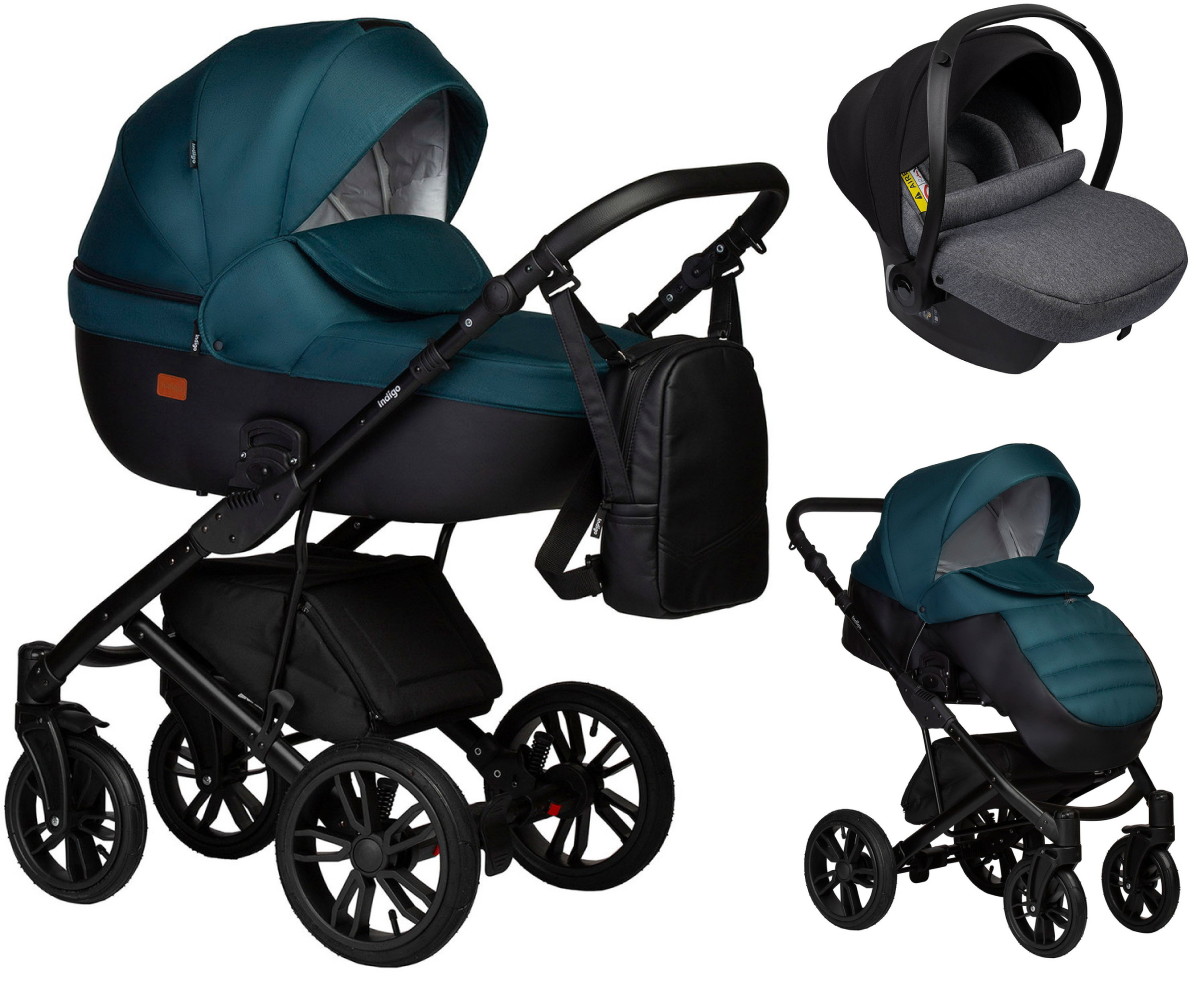 Детская коляска Indigo Mio S 3 в 1 с автокреслом Avionaut Cosmo Grey 06 черная кожа+изумрудный