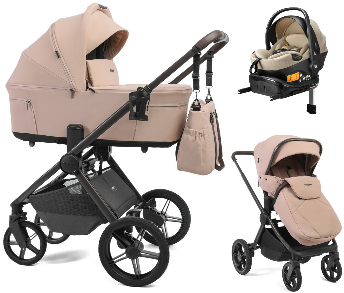 Детская коляска Peppy Soho 4 в 1 с автокреслом Welldon Crown 2 Beige и базой Rose (пыльная роза), рама серо-бежевый