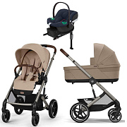 Коляска Cybex Balios S Lux TPE complete Aton B2 Bay Blue Base One 4 в 1 Almond Beige с дождевиками