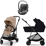 Коляска Cybex Melio Carbon Cloud T i-Size Mirage Grey 3 в 1 Almond Beige/Magic Black с дождевиками