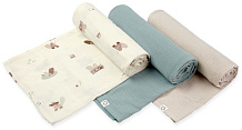 Пелёнки муслиновые Buba Kids, 3 шт, 75х75 см BKMUSSW42 Бобры на хуторе/ полынь/ миндаль