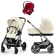 Коляска Cybex Balios S Lux TPE complete Aton B2 Dynamic Red 3 в 1 Seashell Beige с дождевиками