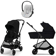 Коляска Cybex Melio Carbon Cloud T i-Size Platinum White Plus 3 в 1 Magic Black с дождевиками