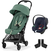 Коляска Cybex Coya Matt Black Frame Aton B2 i-Size Bay Blue 2 в 1 Leaf Green с дождевиком