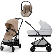 Коляска Cybex Melio Carbon Cloud T i-Size Cozy Beige Plus 3 в 1 Almond Beige с дождевиком/Fog Grey