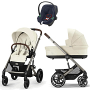 Коляска Cybex Balios S Lux TPE complete Aton B2 Bay Blue 3 в 1 Seashell Beige с дождевиками