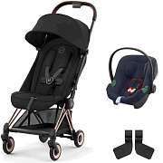 Коляска Cybex Coya Rosegold Frame Aton B2 i-Size Bay Blue 2 в 1 Sepia Black с дождевиком и бампером