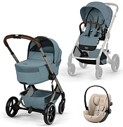 Коляска Cybex Balios S Lux Fold Cot TPE Cloud G3 Almond Beige 3 в 1 Stormy Blue с дождевиками
