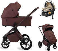 Детская коляска Peppy Monaco Plus 4 в 1 с автокреслом Welldon Crown 2 Beige и базой Burgundy (винный), рама коричневая