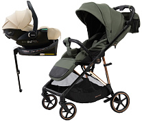Прогулочная коляска Peppy Amici с автокреслом Jet Beige и базой Green рама Gold
