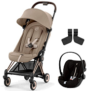 Коляска Cybex Coya Rosegold Frame Cloud G i-Size Moon Black Plus 2 в 1 Cozy Beige с дождевиком и бампером