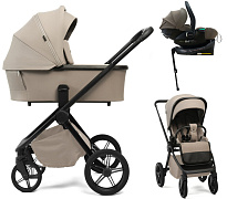 Детская коляска Peppy Monaco Plus 4 в 1 с автокреслом Jet Brown и базой Sandstone (песочный), рама черная