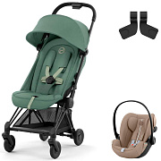 Коляска Cybex Coya Matt Black Frame Cloud G i-Size Almond Beige Plus 2 в 1 Leaf Green с дождевиком