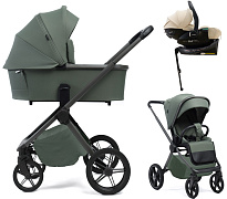 Детская коляска Peppy Monaco Plus 4 в 1 с автокреслом Jet Beige и базой Oliva Green (зеленый), рама серая