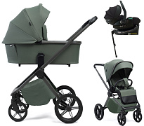 Детская коляска Peppy Monaco Plus 4 в 1 с автокреслом Jet Black и базой Oliva Green (зеленый), рама серая