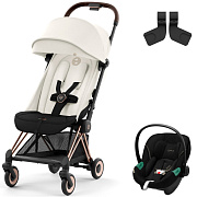 Коляска Cybex Coya Rosegold Frame Aton S2 i-Size Moon Black 2 в 1 Off White с дождевиком и бампером
