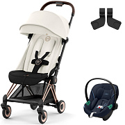 Коляска Cybex Coya Rosegold Frame Aton S2 i-Size Ocean Blue 2 в 1 Off White с дождевиком и бампером