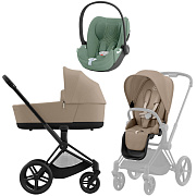 Коляска 3 в 1 Cybex Priam IV Matt Black complete и автокресло Cloud T i-Size Leaf Green Plus Cozy Beige