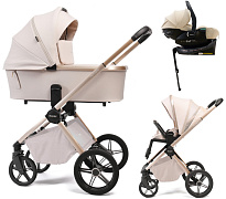 Детская коляска Peppy Monaco Plus 4 в 1 с автокреслом Jet Beige и базой Beige (бежевый), рама беж, шлифованный алюминий