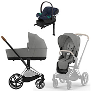 Коляска Cybex Priam IV Chrome Brown complete Aton B2 Bay Blue Base One 3 в 1 Mirage Grey