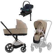 Коляска Cybex Priam IV Rosegold complete Aton B2 Bay Blue Base One 3 в 1 Cozy Beige