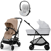 Коляска Cybex Melio Carbon Cloud T i-Size Platinum White Plus 3 в 1 Almond Beige с дождевиком/Fog Grey