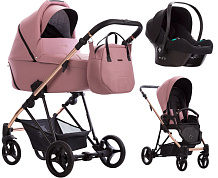 Детская коляска Bebetto Yoddi Premium Class 3 в 1 с автокреслом Avionaut Cosmo 05 розовая кожа рама бронза