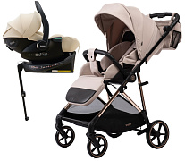 Прогулочная коляска Peppy Amici с автокреслом Jet Beige и базой Beige рама Gold