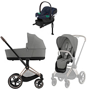 Коляска Cybex Priam IV Rosegold complete Aton B2 Bay Blue Base One 3 в 1 Mirage Grey