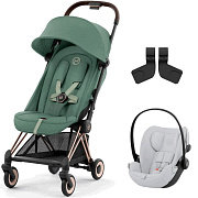 Коляска Cybex Coya Rosegold Frame Cloud G i-Size Fog Grey 2 в 1 Leaf Green с дождевиком и бампером