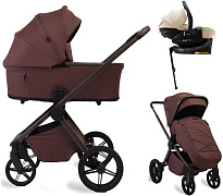 Детская коляска Peppy Monaco Plus 4 в 1 с автокреслом Jet Beige и базой Burgundy (винный), рама коричневая