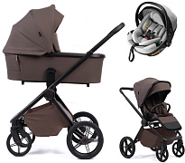 Детская коляска Peppy Monaco Plus 3 в 1 с автокреслом Welldon Crown 2 Grey Brownie (коричневый), рама черная