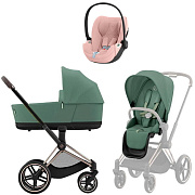 Коляска 3 в 1 Cybex Priam IV Rosegold complete и автокресло Cloud T i-Size Peach Pink Plus Leaf Green