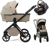 Детская коляска Peppy Monaco Plus 3 в 1 с автокреслом Jovikids Aria Black Sandstone (песочный), рама черная