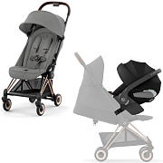 Коляска Cybex Coya Rosegold Frame Cloud T i-Size Sepia Black 2 в 1 Mirage Grey с дождевиком и бампером