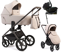 Детская коляска Peppy Monaco Thermo 4 в 1 с автокреслом Jet Black и базой Beige (молочный), рама серо-коричневая