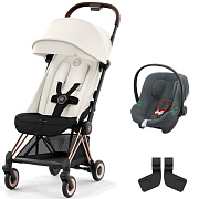 Коляска Cybex Coya Rosegold Frame Aton B2 i-Size Steel Grey 2 в 1 Off White с дождевиком и бампером