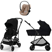 Коляска Cybex Melio Carbon Cloud G i-Size Almond Beige Plus 3 в 1 Magic Black с дождевиками